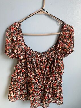 miami Black Floral Ruffle Peasant Top with Red Accents
